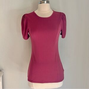 Express Round Neck Short Puff Sleeve Stretch Top in Dusty Rose, Sz S